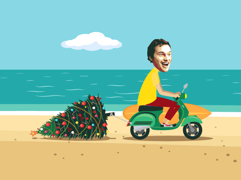 Christmas on the beach animation beach christmas christmas tree driving gif holiday illustration scooter