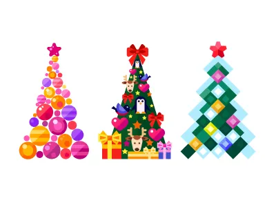 Christmas tree set abstract christmas deer flat holiday illustration new year pattern penguin presents tree vector