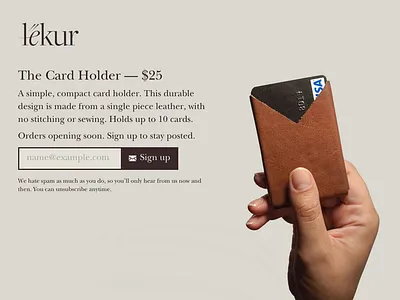 Lëkur Prelaunch website cardholder landing page leather lekur