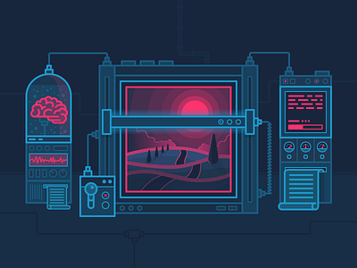 Robot Vs Human brain icon iconography icons illustration landscape machinery outline scanner scenery vector