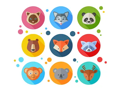 Cute Flat Animals Icons animal bear cat deer flat fox icon monkey panda raccoon vector wolf