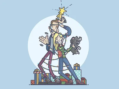 Merry & Bright! christmas dog family happy holiday illustration lights line art presents puppy star