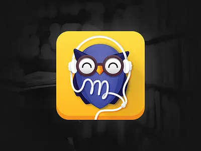 Monologue app Icon application application icon audiobook bird blue glasses headphones owl purple smart yellow