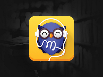 Monologue app Icon application application icon audiobook bird blue glasses headphones owl purple smart yellow