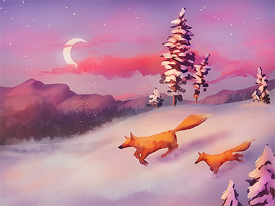 Snowy fields animal fox moon nature snow winter