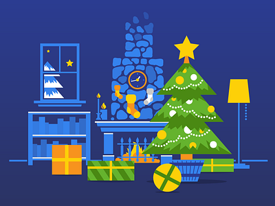 Christmas illustration blue christmas evening festive fireplace gift green home interior present