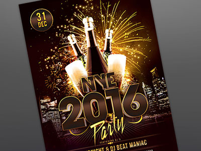 NYE 2016 Party Flyer celebration city classy dark firework gold graphic design new year poster skyline template