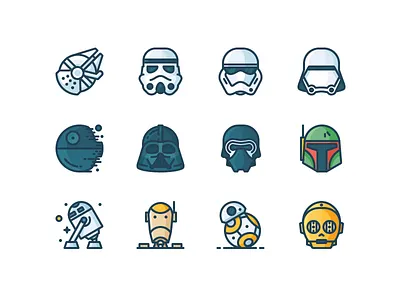 Star Wars Filled Icons bb8 boba fett c3po darth vader death star droid icons kylo outline r2d2 star wars stormtrooper