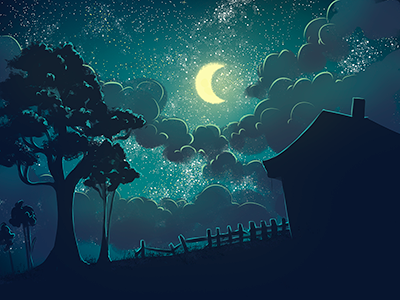 Crescent night. cloudy crescent house night sky starry