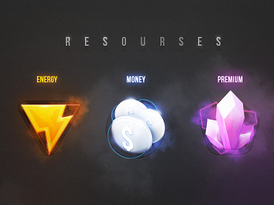 Resources coin energy flash game glow icons money premium resources ui ux