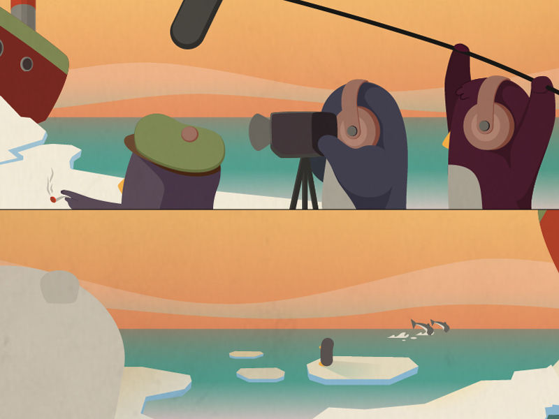 Penguins Shooting a Scene boom camera dolfin film header headphones illustraion illustration north pole penguins shooting vector illustration