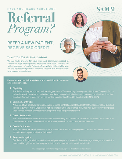 Referral Program Flyer brand development branding clinic copyediting copywriting flyer design graphic design marketing material medical patient photoshop policy writing print design program flyer referral flyer skincare