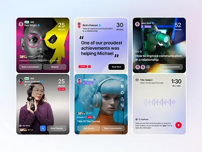 Cards UI app avatar book card clean consultation course design feed flat ios layout mobile podcast reels relate ui ux web