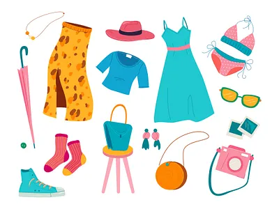 Women Clothes accessories clothes clothing design dress fashion female flat design hat illustration skirt style t shirt vector women