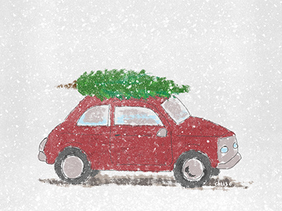 Little car with Christmas tree winter