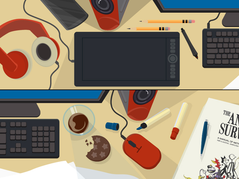 The MoGraph's Workspace animator computer desk headphones illustration illustrator tablet vector illustration wacom worspace