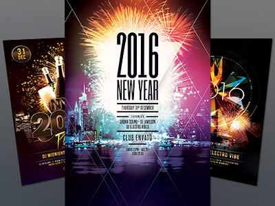 New Year Flyer Bundle Vol.05 club dark firework lights modern new year night party flyer poster print skyline template