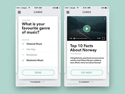 Cards App design cards clean progress questions simple ui video white