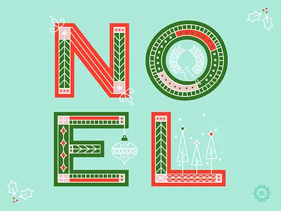 Noel bird christmas holidays holly illustration noel ornament star tree typography wreath