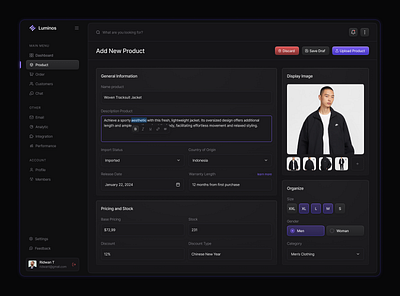 Luminos - Add Product Dashboard admin panel branding clean dashboard dashboard ui design ecommerce fashion form market market web minimalist modern online shop product sale seller ui ux website