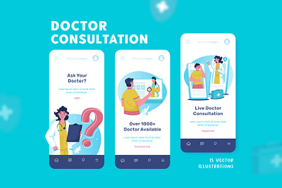 Doctor Consultation Illustrations application cartoon character design doctor graphic design healthcare illustration medical onboarding screen ui user interface vector