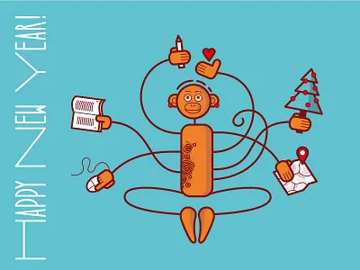 Happy new year! book christmas tree heart map monkey multitasking new year yoga
