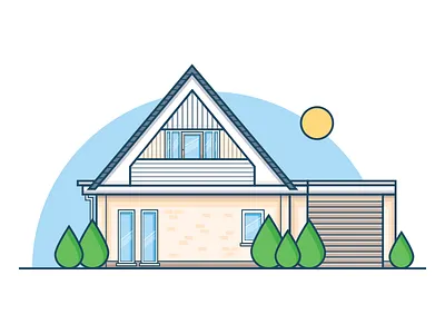 House illustration bush garage house icon illustration sun tree vector