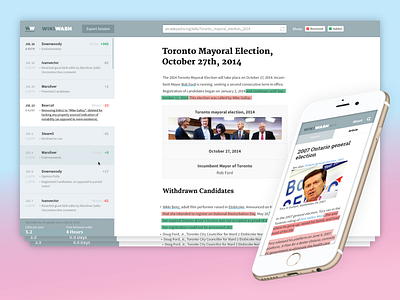 Wikiwash editing editorial feed highlight interface news product design research tool tracking version wikiwash