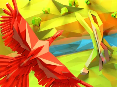 Red bird 3d bird character cinema 4d landscape lowpoly