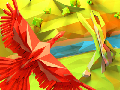 Red bird 3d bird character cinema 4d landscape lowpoly