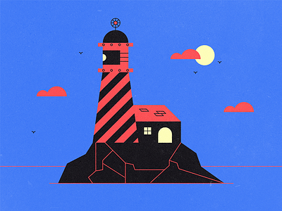 Lighthouse birds clouds house light lighthouse minimal ocean sea sky sun vector