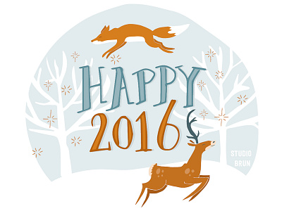 Happy new year! deer fireworks forest fox handdrawn happynewyear illustrated illustration nature newyear outdoors silhouets