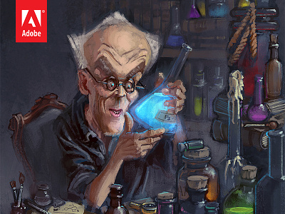 Photoshop 25 Under 25 - Russell Brown adobe alchemy bottle caricature creativecloud digitalpainting illustration mad scientist photoshop portrait ps25under25 russell brown