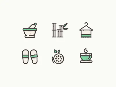 Spa Icons bamboo beige candle green icons illustration mortar outline pestle slippers spa towel