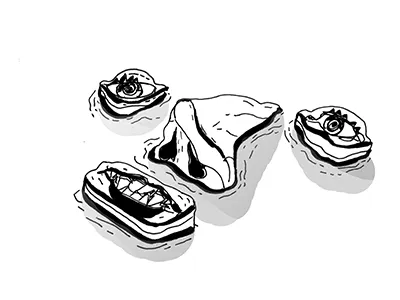 Sliced black body drawing eye face mouth nose nosferatu vampire