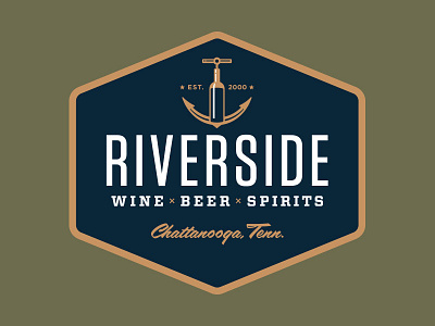 Riverside Beverage Badge alcohol anchor badge beer beverage boat booze bottle corkscrew liquor spirits wine