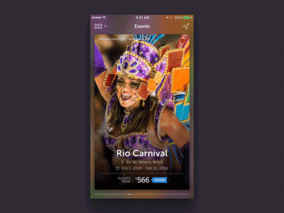 Eventurist by FareCompare.com animation card cloud deal event favorite flight nav navigation travel ui