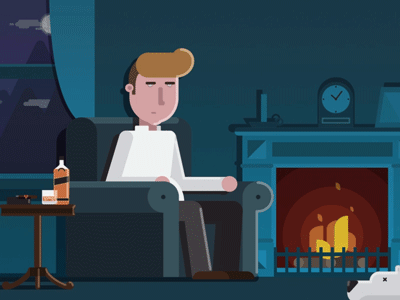 Messer Piter 2d animation character design fireplace gif motion night smoke vector whisky