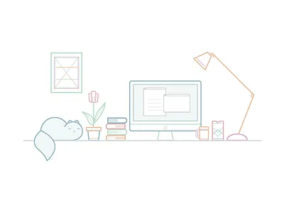 Cat Workspace books cat cup desk device illustration lamp line mug pastel vector workspace