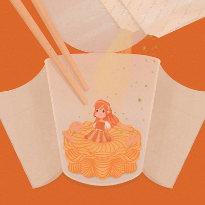 Shrimplicity Instant Ramen children illustration concept art design character digital illustration drawing freelance girl illustration instant noodle orange procreate shrimp