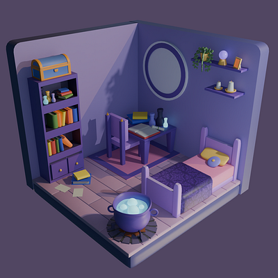 A Witchy Childs Witchy Bedroom 3d 3d design 3d room app bedroom blender branding design graphic design illustration logo potions purple spooky tutorial ui ux vector witch witchy