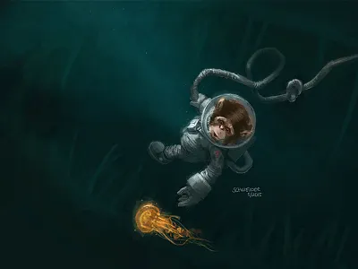 Research astronaut character characterdesign chimp chimpanzee illustration jellyfish monkey photoshop sketch space