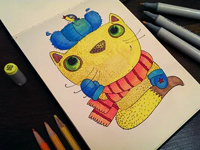 Soft Kitty Warm Kitty art character coloredpencil copic drawing illustration kitty mariashishcova sketchy softkitty winter yellow