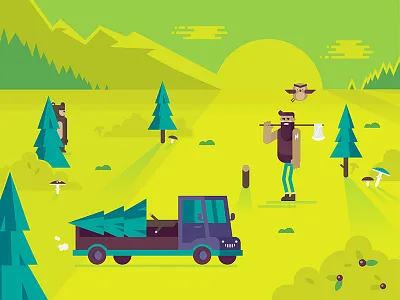 Forest ax bear beard mushroom bird blueberries car forest hipster landscape nature owl