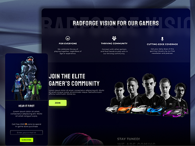 Gaming website home page UI design | Join Community 🚀 black blue dark mode dark ui desktop game ux game website gaming gaming website green header home page mobile ui neon ui ui ux ux case study ux design web ui website design