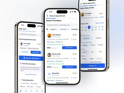 Doctor Appointment booking flow ai appointment booking buttons date doctor list filter healthcare home icons medical minimal progress smart specialities tabbar timeslot type ui ux