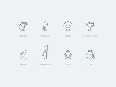 Seafood icons 🪸 branding crabs design dribbble fish graphic design icon langoustines logo logotype mussels octopus scallop sea seafood shrimps squid