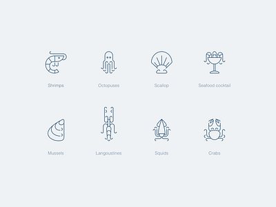 Seafood icons 🪸 branding crabs design dribbble fish graphic design icon langoustines logo logotype mussels octopus scallop sea seafood shrimps squid