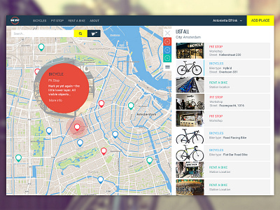 Bikespot application, UI concept application bicycles design flat interface map service