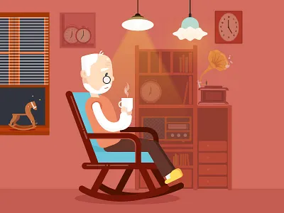 Griefgrocerystore clock flat grandpa grocery horse house illustration light room store ui